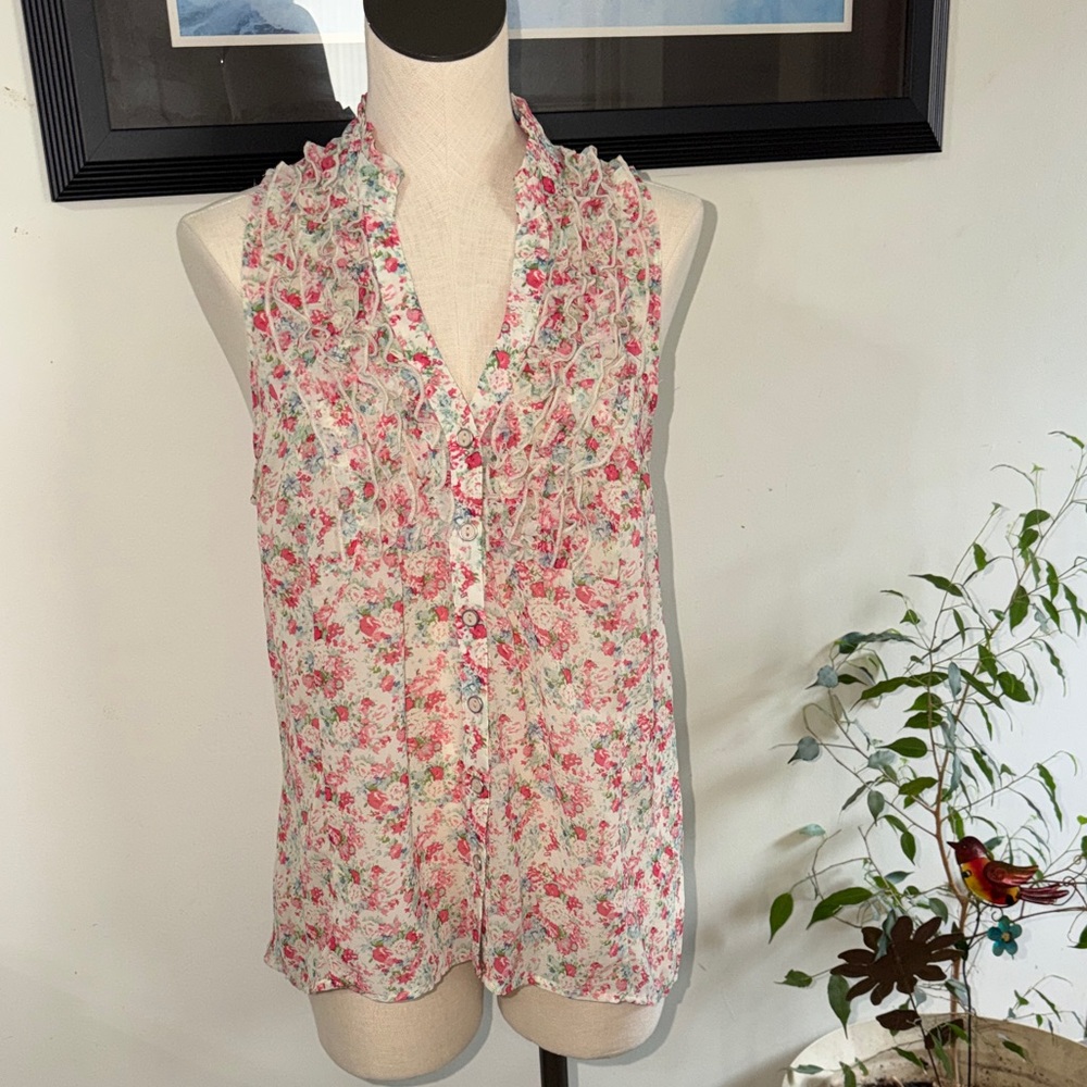 Heart & Soul Sleeveless Floral Ruffle Button-Front Top - Pink Cream XL